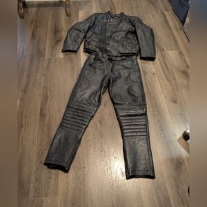 Black Leather Motorcycle Outfit Jacket and Pants. Heavy Leather. Padded. GUC.